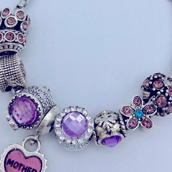 Silver Toned Textured Add-a-Bead Pink Rhinestone, Dangling Mother Bead Bracelet - Picture 5 of 6